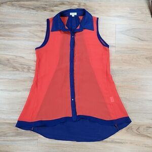 🔺️Blue & Orange Semi Sheer Buttoned Sleeveless Tunic Top Small